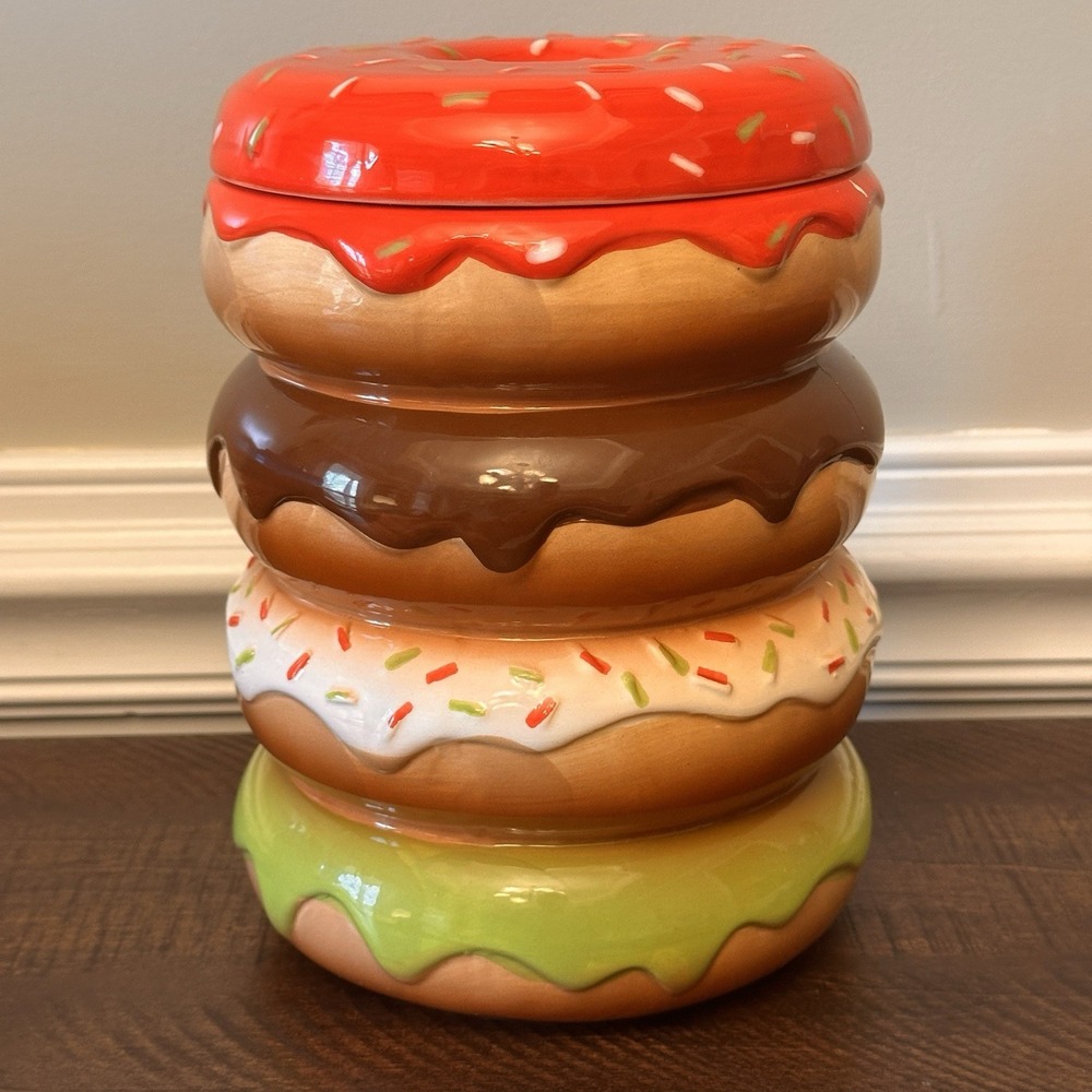 Sleigh Bell Bistro‎ Stacked Donuts Ceramic Cookie Jar Multi Color Novelty Decor